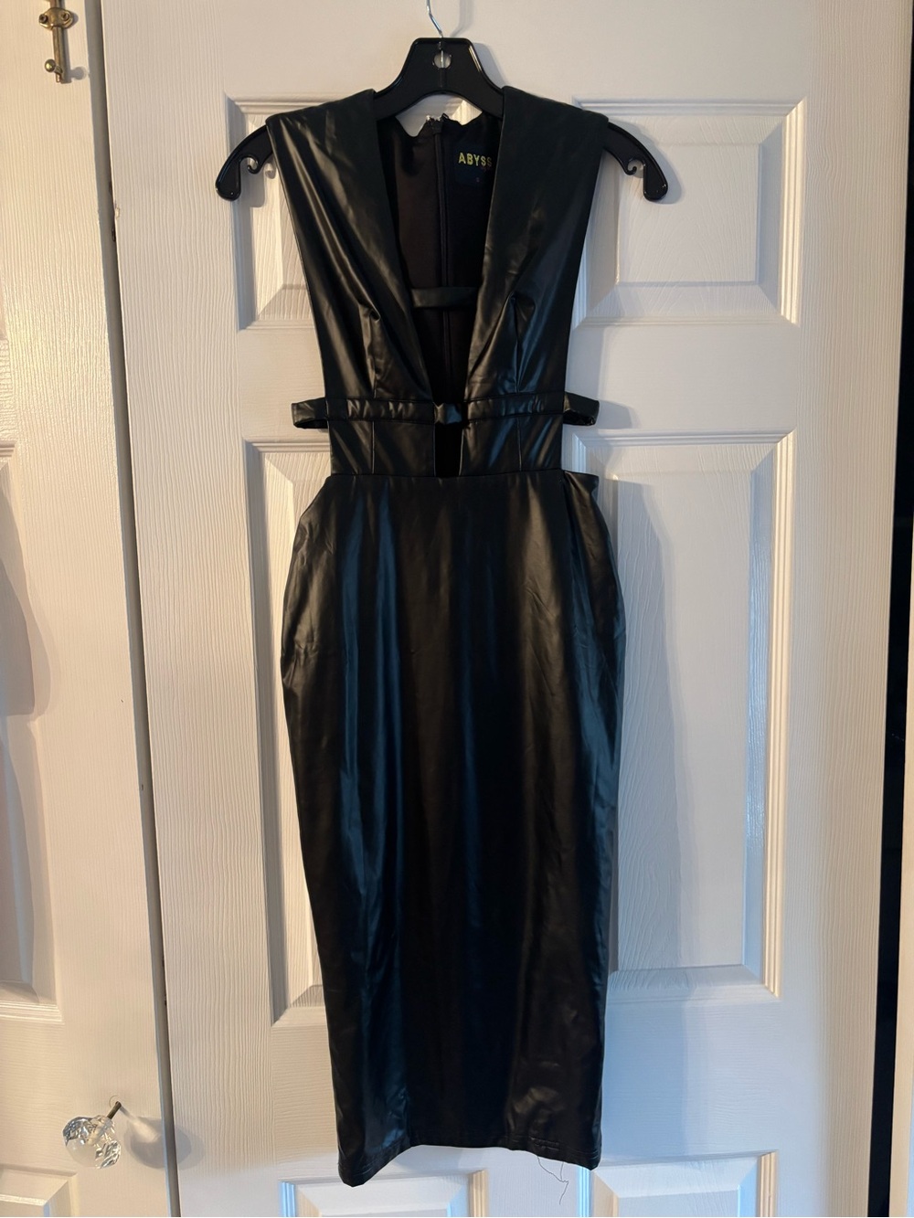 Abyss By Abby Black Faux Leather Plunge Midi Dress